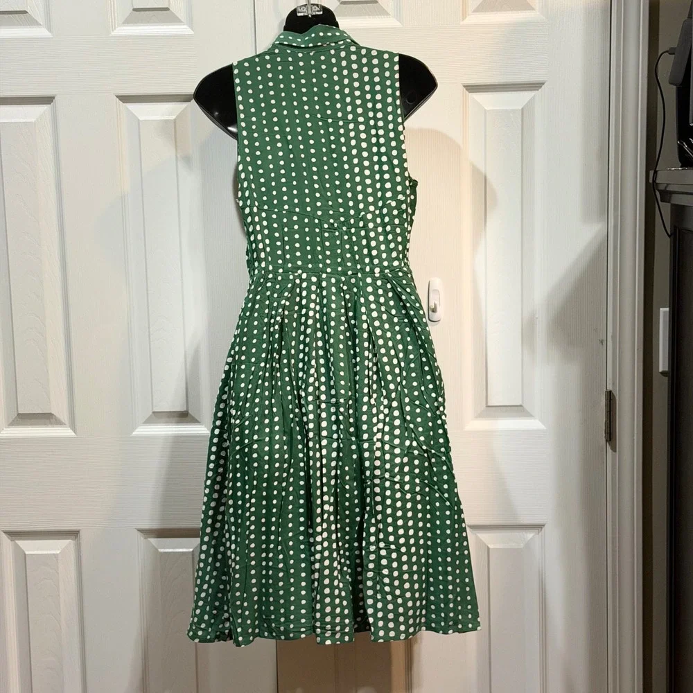 NWT 11 1 Tylho‎ Polka Dot Green Sleeveless Shirt Dress Midi Fit Flare Size Small